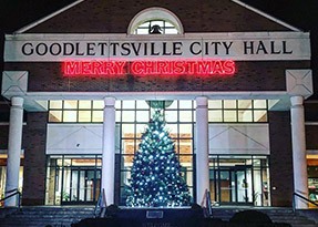 Goodlettsville City Hall decorated with holiday lights