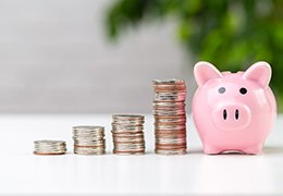 Pile of coins next to a piggy bank