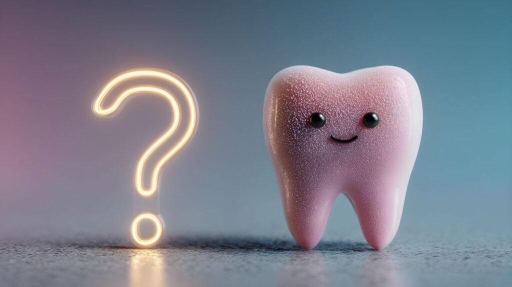 An AI image of a tooth next to a question mark